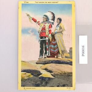 Vintage 1945 Linen Postcard Native American Indians Out West Begins Frasher's